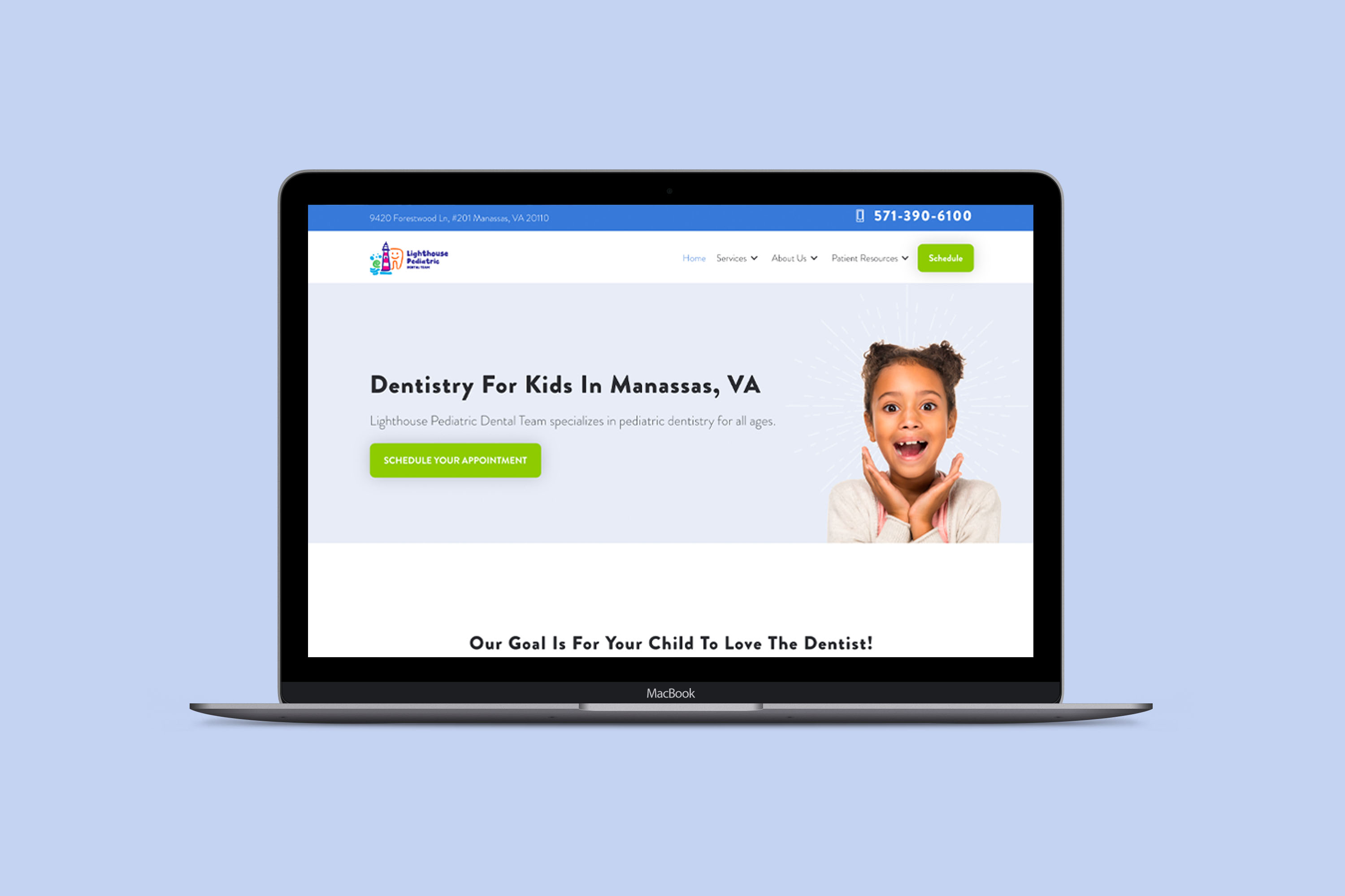 Screenshot within a Macbook Pro mock-up of the Lighthouse Pediatric Dental Team website